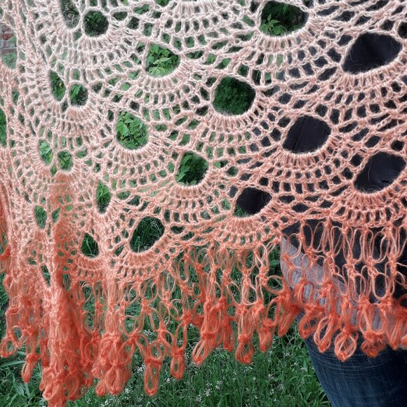 Handmade Crochet Lace Shawl Angora Beige Orange Wrap - Picture 4 of 4